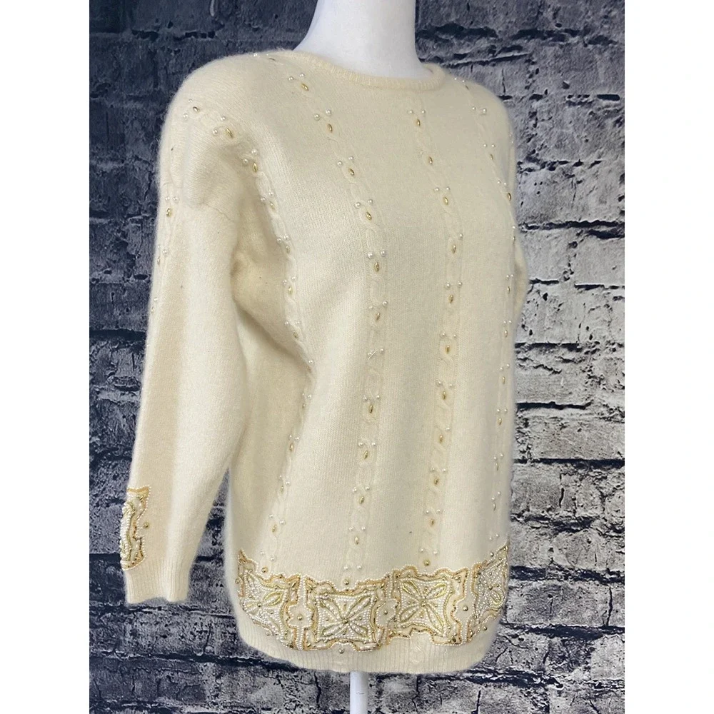 Vintage Marisa Christina Sweater Tunic Womens L White Beaded Pearl 80s